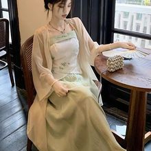 新中式女装国风改良汉服汉元素小个子绿色吊带连衣裙三件套女夏季