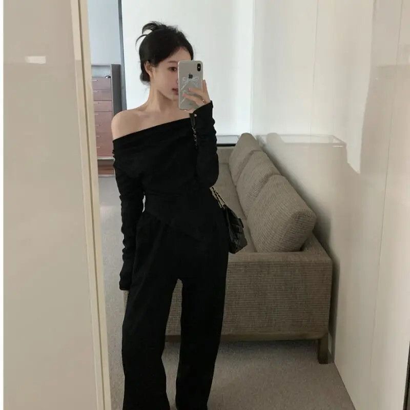 [260 Modal 1*1] Sweet Sexy One-Shoulder Long-Sleeved T-Shirt for Women in Spring and Summer Pure Lust Style Off-Shoulder Asymmetrical