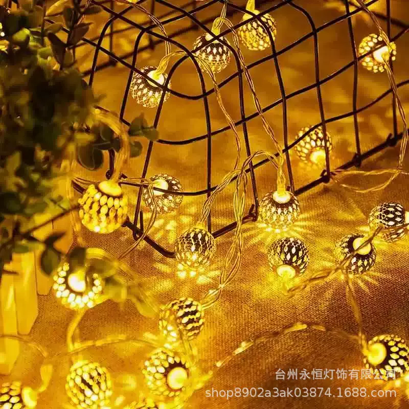 led金属铁艺摩洛哥圆球灯串镂空节日装饰太阳能电池盒灯带室内