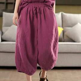 2026夏季韩版宽松洋气亚麻包边纯色松紧腰哈伦裤百搭七分裤女