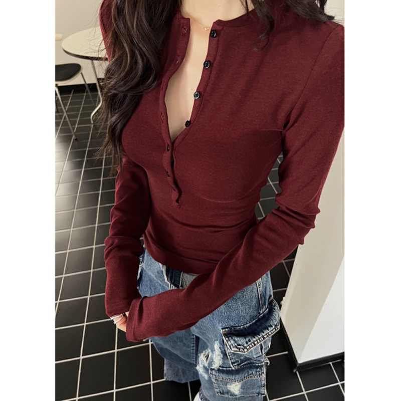 autumn solid color fitted short long-sleeve
