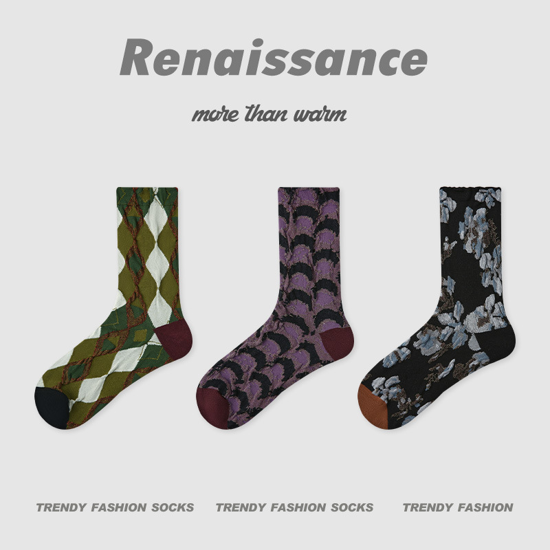 ルネッサンス新中国風秋 2025 新しいチェック柄花柄ミッドカーフソックス ins 文学ファッション女性の靴下