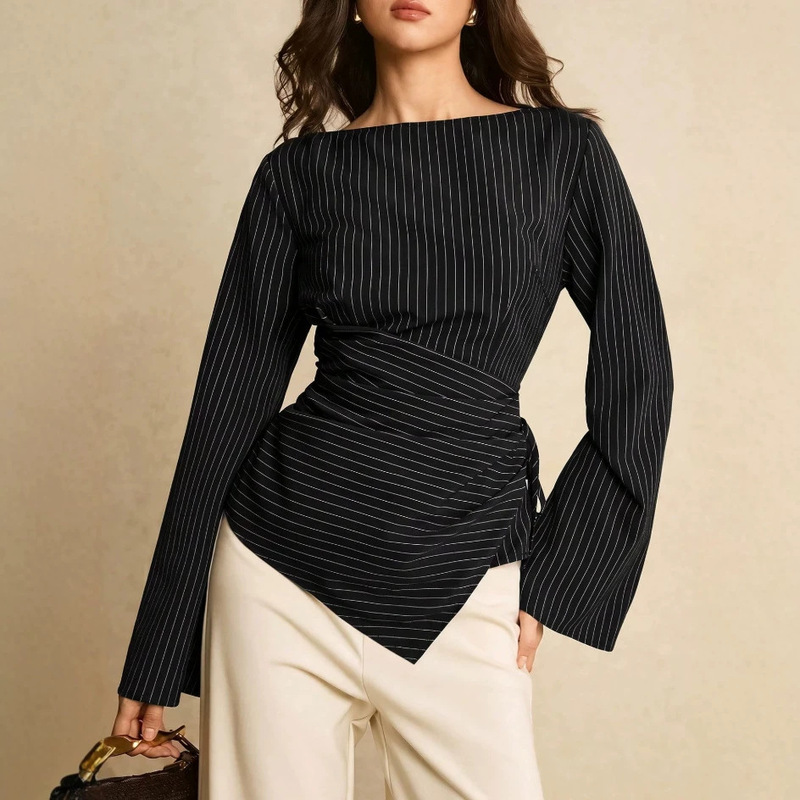 2026 Cross-Border Amazon Foreign Trade Women's Clothing Round Neck Waist-Cinching Design Striped Irregular Waist-Cinching Long-Sleeve Shirt in Stock 2026 Cross-Border Amazon Foreign Trade Women's Clothing Round Neck Waist-Cinching Design Striped Irregular Waist-Cinching Long-Sleeve Shirt in Stock