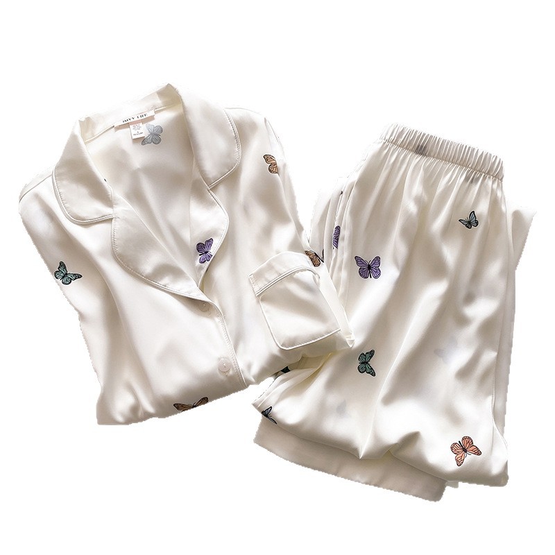 Butterfly imprimido pijama de primavera y otoño de mujeres nuevo 2025 seda de hielo ropa doméstica dos piezas de fábrica de comercio exterior transfronterizo