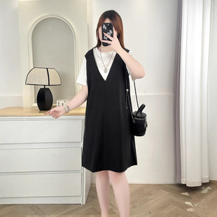 Plus Size Women's Summer New Style 200 Fat Girl Casual Contrasting Color Literary Style Fake Two-Piece Short-Sleeved Dress 7594