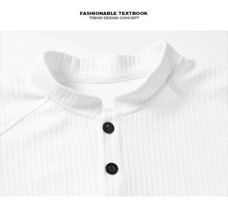 Textured Henry Collar Long-sleeve T-shirt With Patchwork Details_voghion.com