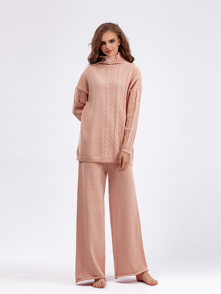 Damenbekleidung Herbst und Winter große Größe Rollkragenanzug Mode neue sanfte faule Stil Pullover zweiteiliges Set einfarbig gestrickt_voghion.com