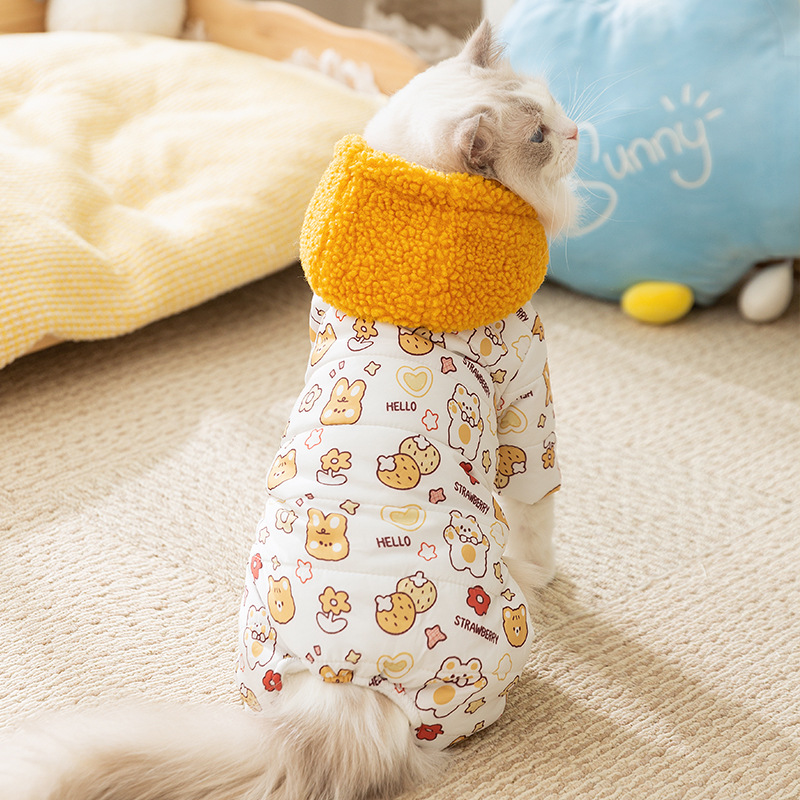 Otoño y invierno, gatos con impresión de algodón de tracción, ropa de algodón de cuatro patas, gatos sin pelo, ropa de peluche más cálida que osos, mascotas