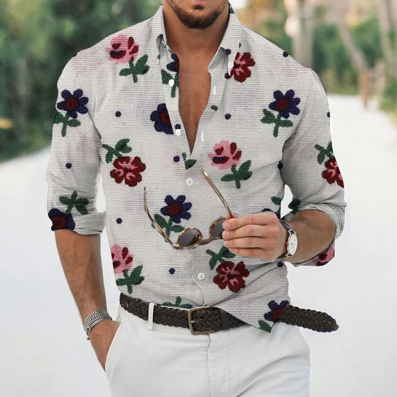 Transfronterizo 2025 primavera y otoño nuevo estilo de los hombres europeos y americanos más el tamaño de la camisa con estampado de plantas de rosas de manga larga