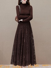 半高领打底裙2025年新款春秋女装配大衣蕾丝长裙假两件针织连衣裙