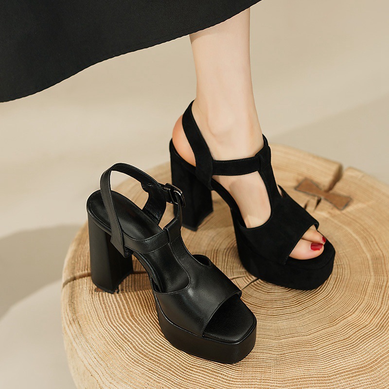 Sandal cao gót nữ quai chữ T đế dày gót vuông mũi cá da bò — Màu Đen [da cừu]