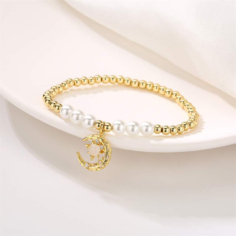 Casual Moon Heart Shape Copper Beaded Pearl Inlay Zircon Bracelets 1 Piece