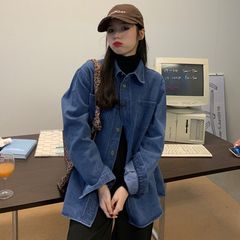 长款蓝色牛仔衬衫外套女春秋冬季港风设计感小众上衣宽松叠穿衬衣