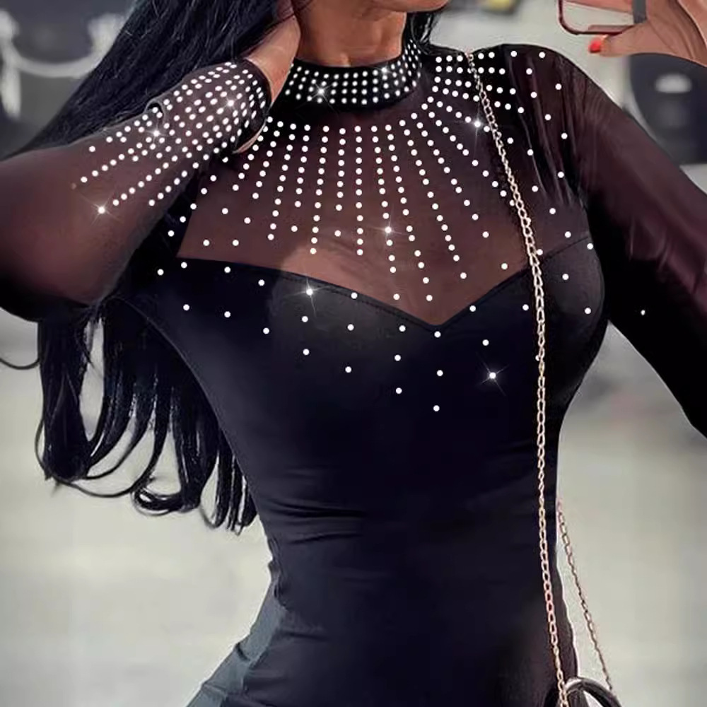 2025 Europe and the United States cross-border mesh fashion breathable knitted elastic rhinestone slim temperament dress