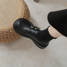 厚底乐福鞋女2025春秋季新款松糕鞋一脚蹬复古英伦风黑色小皮鞋女