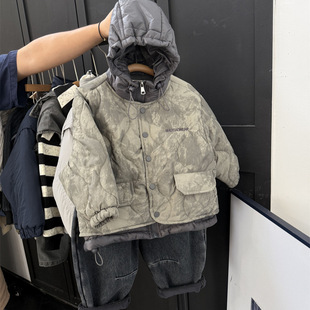 Winter Boys' Fake Two-Piece Hooded Cotton-Padded Clothes American Style Dirty Wind Tie-Dye Letters Cotton-Padded Color-Splicing Children's Cotton-Padded Jackets Thickened