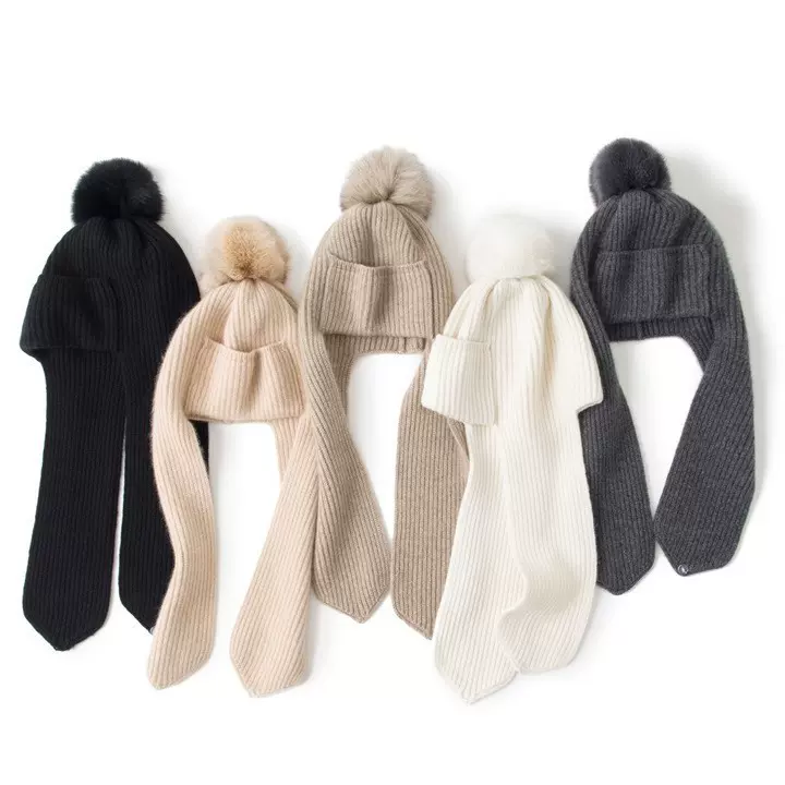 100纯羊绒韩系一体围巾帽子洋气百搭护耳连保暖狐狸毛球毛线帽子