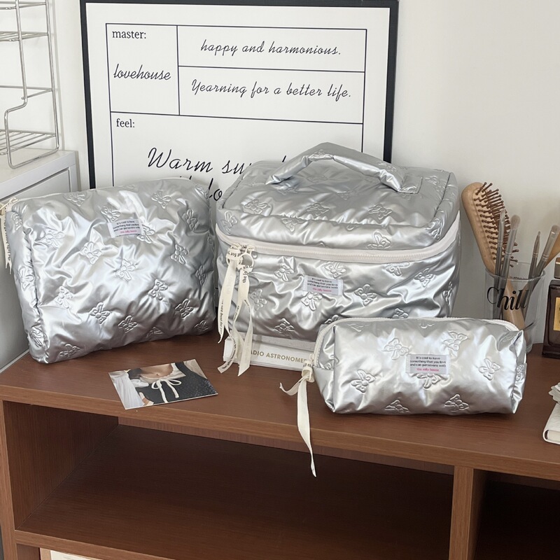 Quilted Bow Cosmetic Bag Large Capacity Cosmetic Cosmetics Bag Female Korean Style Ins Style Portable Toiletry Bag