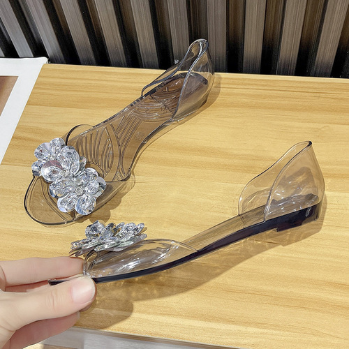 bingbing shiny jelly shoes for women summer crystal flat heel flat bottom fish mouth transparent outer wear sanda sanda