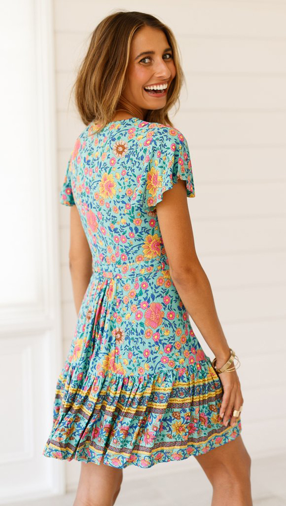 V-neck short-sleeved straps bohemian print dress NSXPF128342