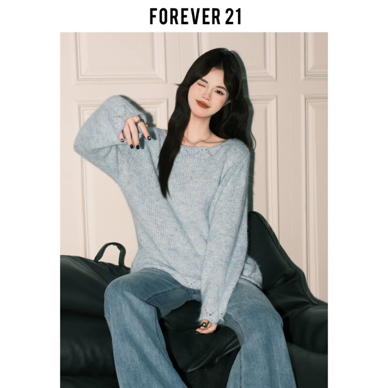Forever 21 light blue round neck knit sweater for women, Korean style casual loose long sleeve soft sweater Forever 21 light blue round neck knit sweater for women, Korean style casual loose long sleeve soft sweater