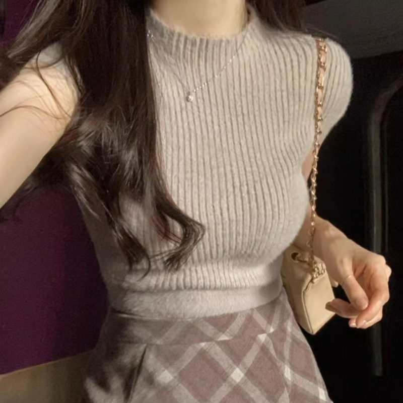 Korean Dongdaemun New Style Gentle Solid Color Versatile Fashion Half-High Collar Vest Comfortable Knit Top Women's Sleeveless Shirt