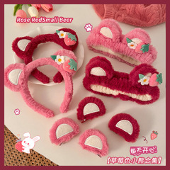 Fuzzy Pink Headband with Cartoon Strawberry Bear Design, Adorable Washable Hairband, Trendy New-Style Hair Clip & Headdress