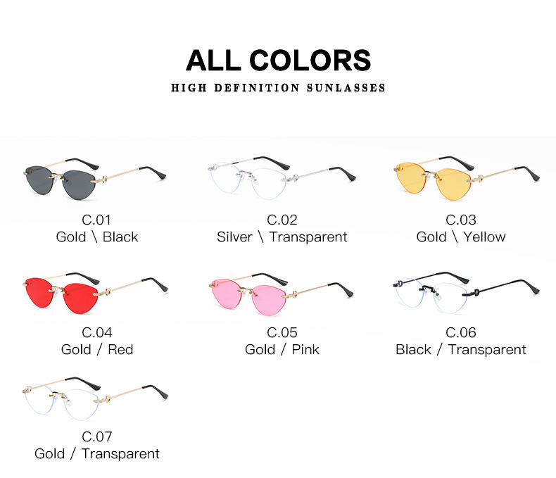 41g Weight Frameless Glasses Structure Sunglasses Classification Ac, UV400 Protection Lens Material Cat Eye Glasses Style Holiday, Outdoor Occasion Solid Color Pattern All Seasons Season Unisex Gender Casual Style Casual Solid Color Ac UV400 Protection Cat Eye Frameless Women's Sunglasses 6