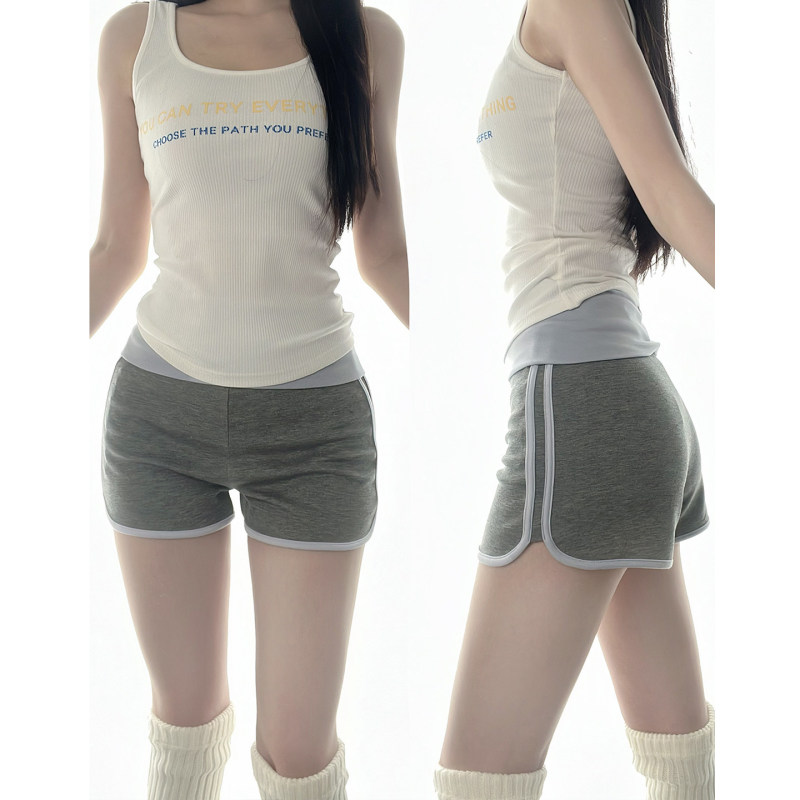 American-Style Gray-Blue Sports Shorts for Women, Summer Thin Slim-Fit Color-Blocked Waistband Fitness Yoga Hip-Hugging Hot Pants