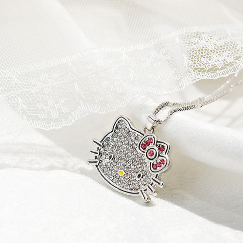 European and American style Hello kitty full diamond bow cute fashion geometric kitten crystal pendant clavicle chain for women