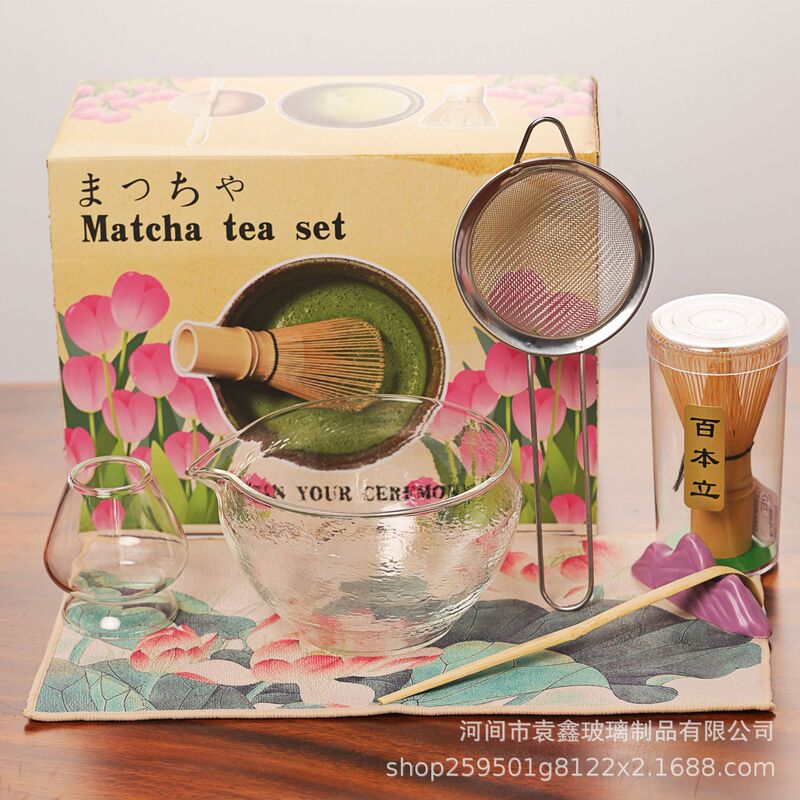 跨境专供日式新款玻璃抹茶碗套装点茶工具茶筅立玻璃碗组盒套装|undefined