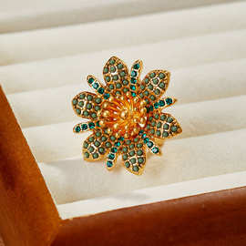 新款花朵镀金中古戒指小众设计感复古戒指开头可调节戒指女现货