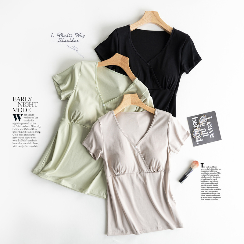 Nursing Top Short-sleeved Pregnant Women's Pajamas Single-piece Home Clothes Postpartum Nursing T-shirt Spring and Summer Thin Pure Cotton Half-sleeve