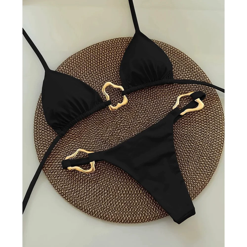 Women's split bikini set, European style, ring-accent design, sizes S–L