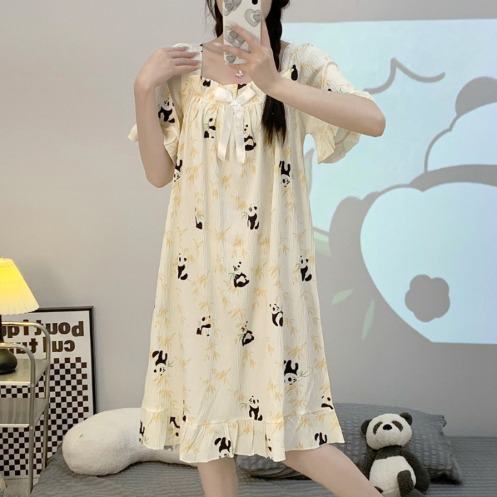 Princesa viento pijama de verano mujer tela de algodón gancho vestido de pijama de mangas cortas suelto tamaño más grande 200 kg se puede usar ropa para el hogar