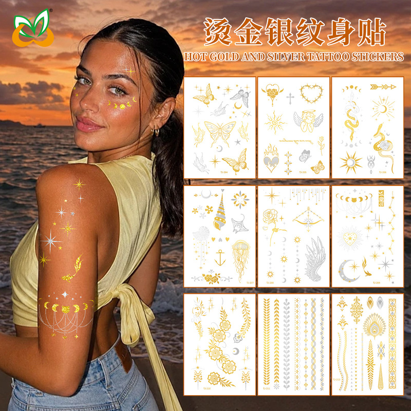 Cross-border exclusive hot stamping gold and silver tattoo stickers, waterproof and sweatproof, European and American retro metal henna tattoo stickers