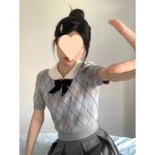 学院甜美针织衫娃娃针织新款修身短袖夏季蝴蝶结短款上衣