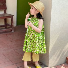 2024 Summer Girls' Qipao Dress: Halter-Neck, Mini Stand-Up Collar, Green Floral Design, Modernized Qipao Style, Princess-Like Children's Wear