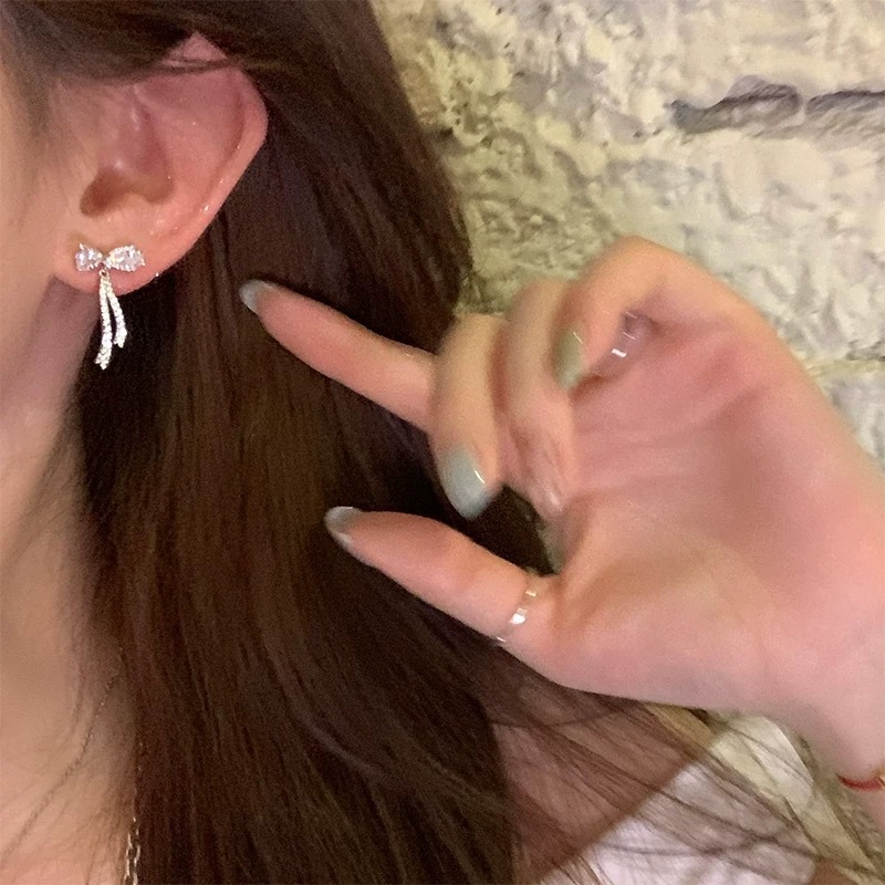 93#Diamond bow full diamond ribbon tassel earrings