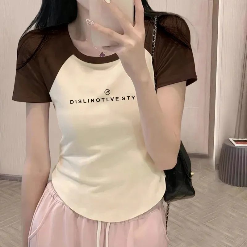 2025 Summer Sweet and Spicy Style Asymmetrical Splicing Short-Sleeved T-Shirt for Women with Contrasting Color U-Shaped Hem Niche Design Trend