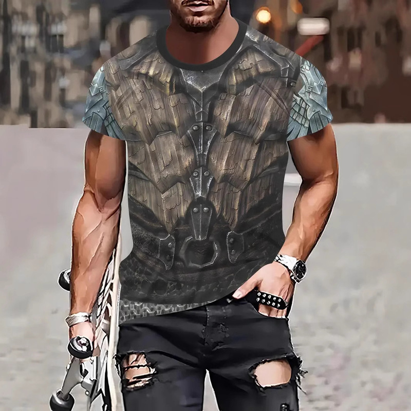 Cross-border Hot Selling Trendy Creative Fashion Personality Armor Series 3D Printed Short-sleeved Men's Casual Round Neck T-shirt