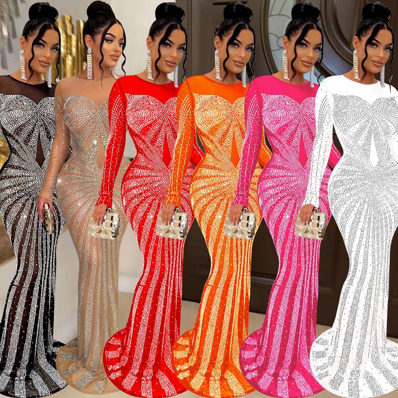 C6198 AliExpress Amazon European and American Fashion Women's Solid Color Mesh Perspective Hot Drilling Long Sleeve Dress