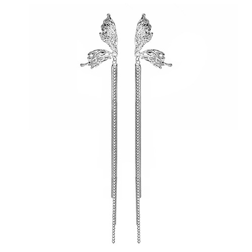 Silver needle personality cool style bumpy texture asymmetric butterfly tassel earrings Hong Kong style liquid butterfly long earrings