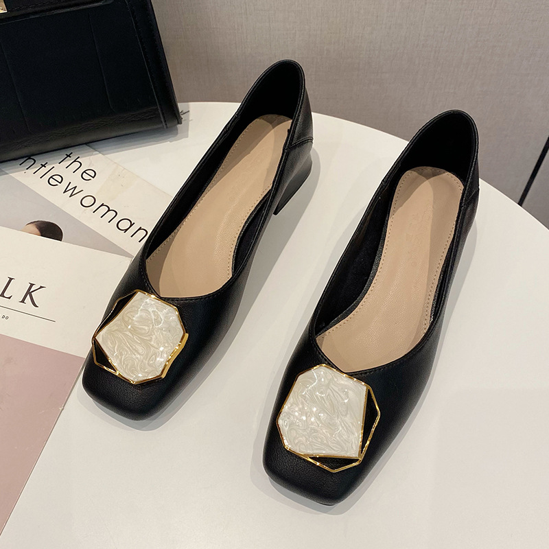 Real cowhide high heels women's 2023 summer new Korean style lazy shoes square toe soft leather shallow mouth thick heel single shoes low heel_voghion.com