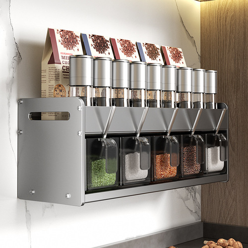 Kitchen spice storage rack multi-functional wall-mounted punch-free spice rack storage box oil, salt, sauce and vinegar storage rack