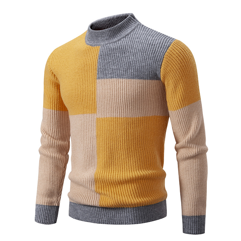 Vintage-Inspired Contrast Color Mock Neck Sweater For Men - Breathable Knit Pullover With Slim Fit, Soft Textured Fabric For Casual Wear_voghion.com
