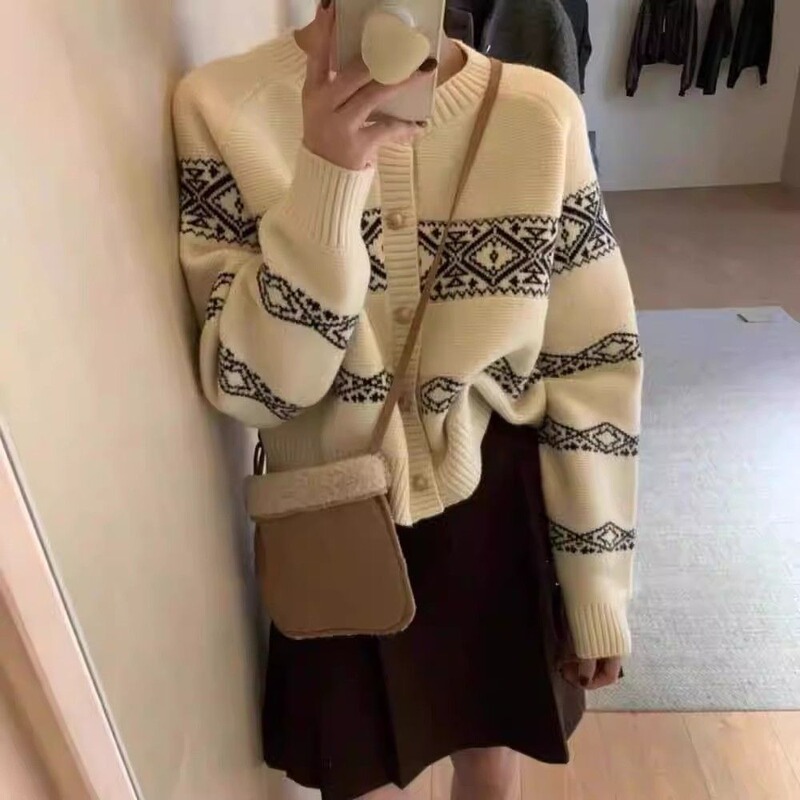 韩系复古撞色提花针织开衫女秋冬慵懒风设计感宽松长袖毛衣外套女|undefined