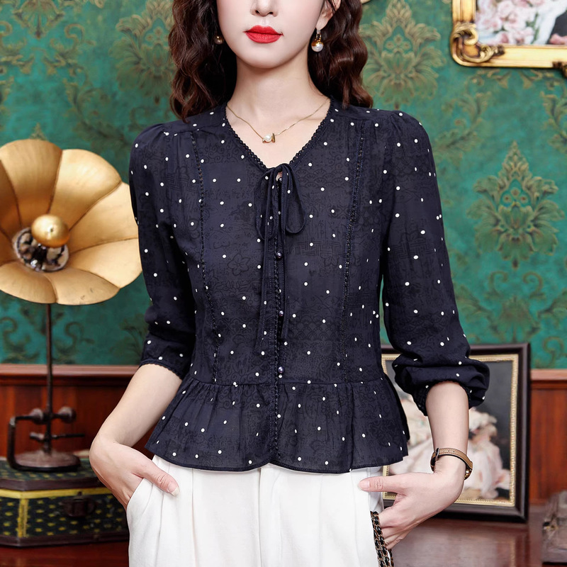 Retro Design Polka Dot Buttoned Bow Long-Sleeved Blouse for Women Spring and Summer New Fashion Stylish Top A10299
