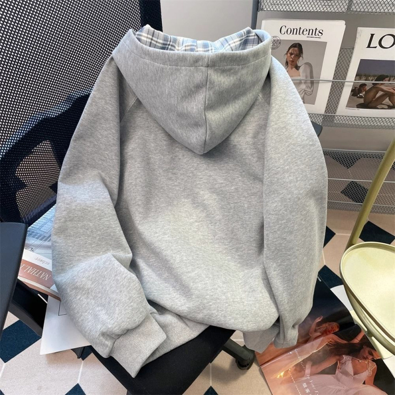 美式复古格子蕾丝连帽卫衣女春秋新款oversize宽松学院风开衫外套|undefined