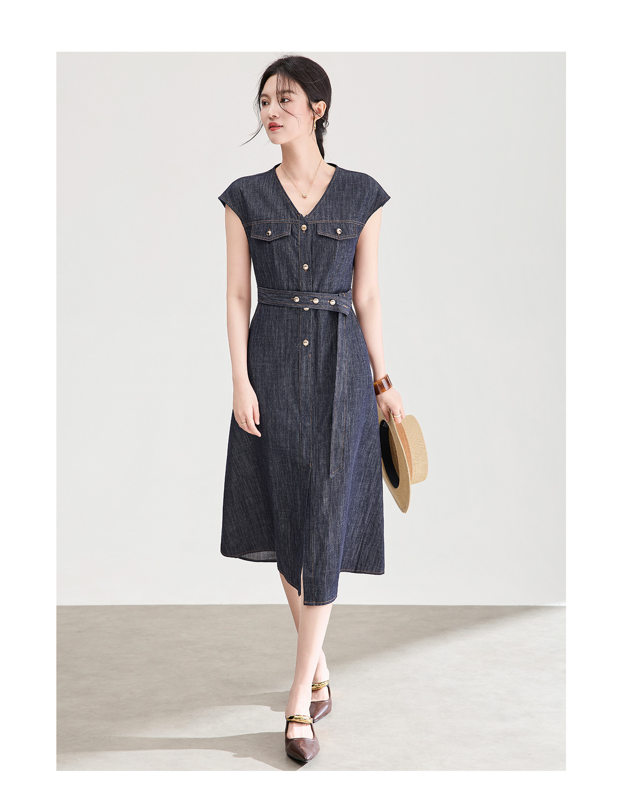 Váy denim nữ cổ ve sành điệu dáng suông midi — xanh đậm chi tiết 12